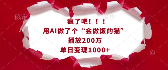 疯了吧！用AI做了个“会做饭的猫”，播放200万，单日变现1k——生财有道创业项目网