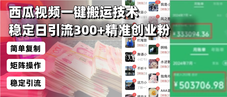 （13961期）西瓜视频一键搬运技术，稳定日引流300+精准创业粉，简单可复制给团队，…_生财有道创业项目网