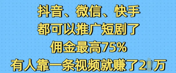 抖音微信快手都可以推广短剧了，佣金最高75%，有人靠一条视频就挣了2W——生财有道创业项目网