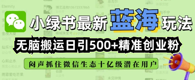 小绿书无脑搬运引流，全自动日引500精准创业粉，微信生态内又一个闷声发财的机会——生财有道创业项目网