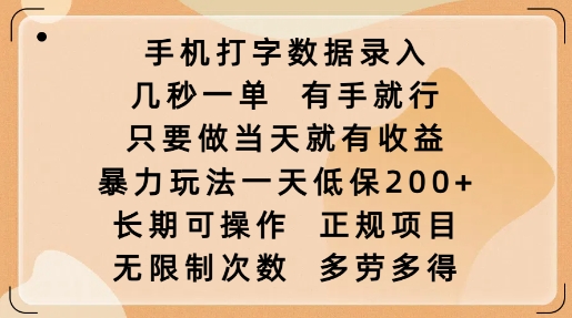 手机打字数据录入，几秒一单，有手就行，只要做当天就有收益，暴力玩法一天低保2张——生财有道创业项目网