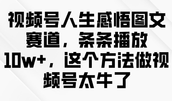 视频号人生感悟图文赛道，条条播放10w+，这个方法做视频号太牛了——生财有道创业项目网