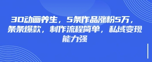 3D动画养生，5条作品涨粉5万，条条爆款，制作流程简单，私域变现能力强——生财有道创业项目网