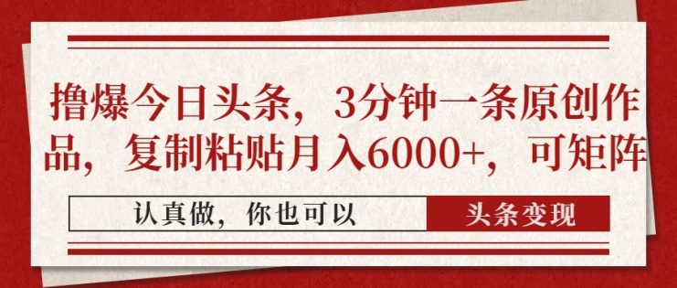 （14437期）撸爆今日头条，3分钟一条原创作品，复制粘贴月入6000+，可矩阵_生财有道创业项目网