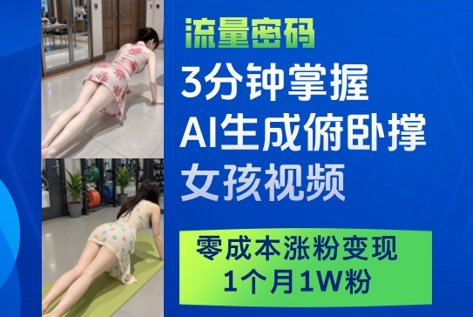 3分钟掌握AI生成俯卧撑女孩视频，零成本涨粉变现，1个月1W粉——生财有道创业项目网