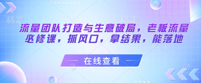 流量团队打造与生意破局，老板流量必修课，抓风口，拿结果，能落地——生财有道创业项目网