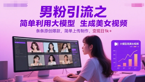 男粉引流之简单利用大模型生成美女视频，条条原创爆款，简单上传制作，变现日1k+——生财有道创业项目网