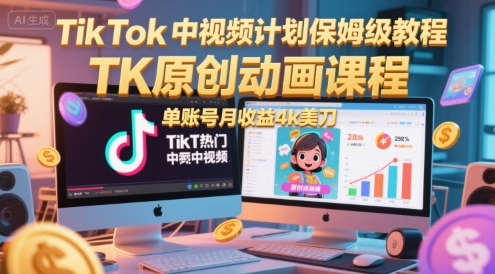 TikTok中视频计划保姆级教程，TK原创动画课程，单账号月收益4k美刀——生财有道创业项目网