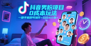 抖音男粉项目0成本玩法，一部手机即可操作，日均4张+，时间自由——生财有道创业项目网