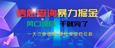 信息查询暴力掘金，一天三条视频，轻松变现四位数，风口项目干就完了【揭秘】——生财有道创业项目网