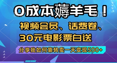 0成本薅羊毛!视频会员、话费卷、30元电影票白送，分享我如何靠转卖一天变现5张+【揭秘】——生财有道创业项目网