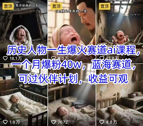 历史人物一生爆火赛道ai课程，一个月爆粉40w，蓝海赛道，可过伙伴计划，收益可观——生财有道创业项目网