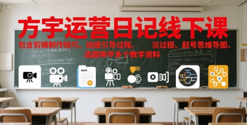 方宇运营日记线下课，包含剪辑制作技巧、拍摄引导过程、起号思维导图、选题等多个教学资料——生财有道创业项目网