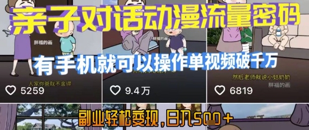 AI引爆短视频，亲子对话动漫流量密码，有手机就可以操作，单视频破千万播放，副业轻松变现，日入5张【揭秘】——生财有道创业项目网