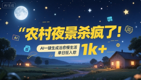 农村夜景杀疯了！AI一键生成治愈系慢生活，单日狂入1k+——生财有道创业项目网