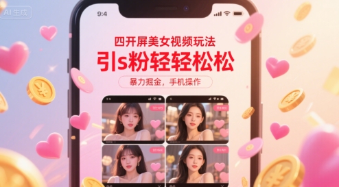 四开屏美女视频玩法，引s粉轻轻松松，暴力掘金，手机操作【揭秘】——生财有道创业项目网