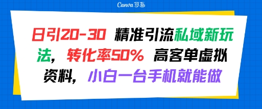 日引 20-30 精准引流私域新玩法，转化率50% 高客单虚拟资料，小白一台手机就能做——生财有道创业项目网