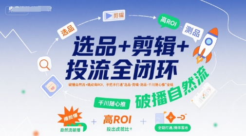 选品+剪辑+投流全闭环，破播自然流+撬动高ROI，手把手打通“选品-剪辑-测品-千川随心推”全链——生财有道创业项目网