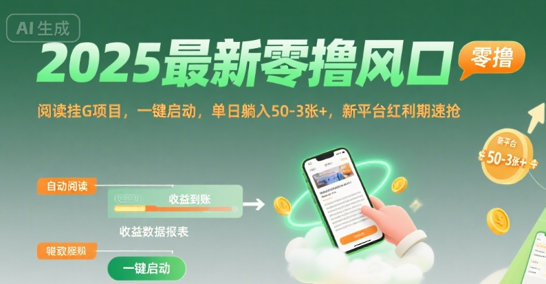 图片[1]-2025最新零撸风口，阅读挂G项目，一键启动，单日躺入 50-3张+，新平台红利期速抢【揭秘】——生财有道创业项目网-生财有道