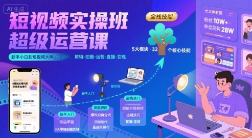短视频实操班超级运营课，新手小白到短视频大神必修课程，剪辑-拍摄-运营-直播-变现——生财有道创业项目网