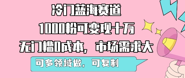 冷门蓝海赛道，1000粉可变现十W，无门槛0成本，市场需求大，可多领域做，可复制性强——生财有道创业项目网