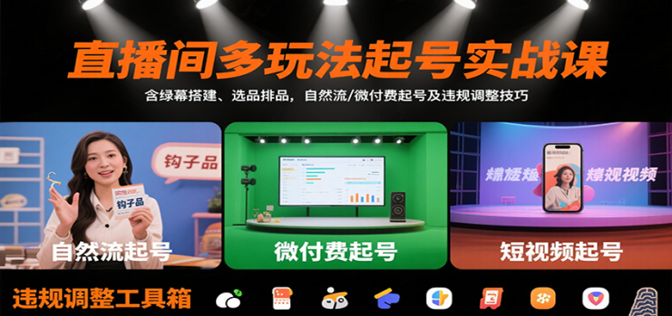 直播间多玩法起号实战课：含绿幕搭建、选品排品，自然流/微付费起号及违规调整技巧_生财有道创业网