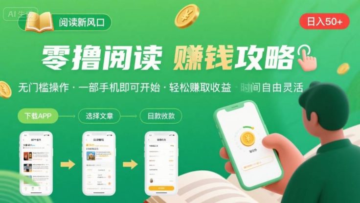 零撸阅读新风口，无门槛轻松挣，一部手机，日入 50-3张【揭秘】——生财有道创业项目网