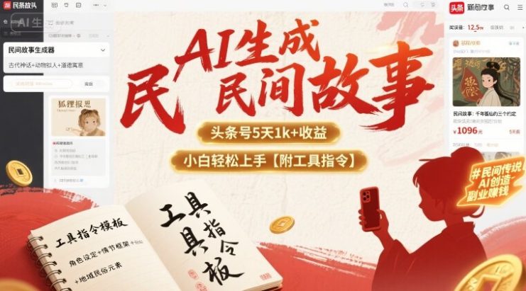 AI生成民间故事，头条号5天1k+，小白轻松上手【附工具指令】——生财有道创业项目网