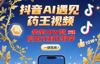 抖音AI遇见药王视频，条条10W赞，快速起千粉万粉号，傻瓜式制作教学——生财有道创业项目网