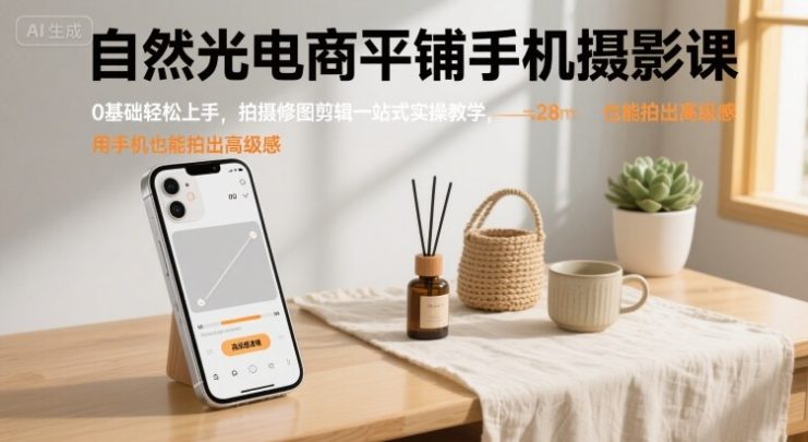 自然光电商平铺手机摄影课，0基础轻松上手，拍摄修图剪辑一站式实操教学，用手机也能拍出高级感——生财有道创业项目网