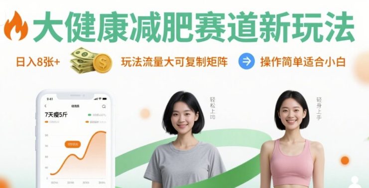 大健康减肥赛道新玩法日入8张，玩法流量大可复制矩阵，操作简单适合小白——生财有道创业项目网