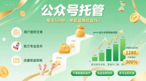 【公众号托管 】我提供文章，你发布，每天5分钟，单篇最高收益1k+【揭秘】——生财有道创业项目网