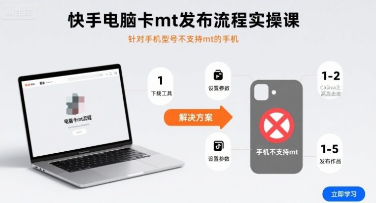 快手电脑卡mt发布流程实操课，针对手机型号不支持mt的手机——生财有道创业项目网