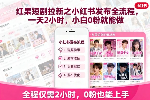 红果短剧拉新之小红书发布全流程，一天2小时，小白0粉就能做——生财有道创业项目网