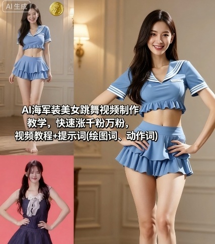 图片[1]-AI海军装美女跳舞视频制作教学，快速涨千粉万粉，视频教程+提示词(绘图词、动作词)——生财有道创业项目网-生财有道