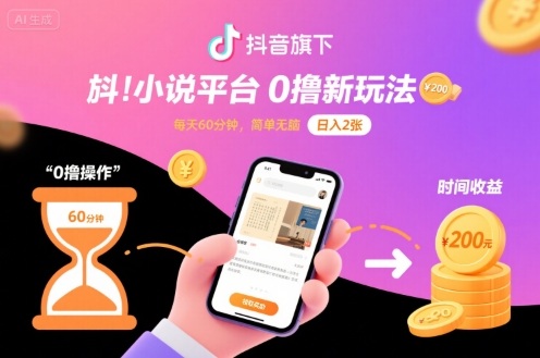 抖音旗下小说平台0撸新玩法，每天挂G60分钟，简单无脑，日入2张【揭秘】——生财有道创业项目网