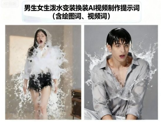男生女生泼水变装换装AI视频制作提示词(含绘图词、视频词)——生财有道创业项目网
