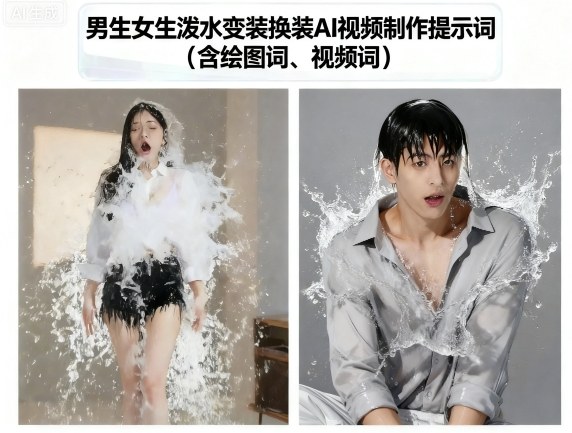图片[1]-男生女生泼水变装换装AI视频制作提示词(含绘图词、视频词)——生财有道创业项目网-生财有道