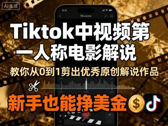Tiktok中视频第一人称电影解说，教你从0到1剪出一个优秀的原创解说作品，新手也能挣美金——生财有道创业项目网