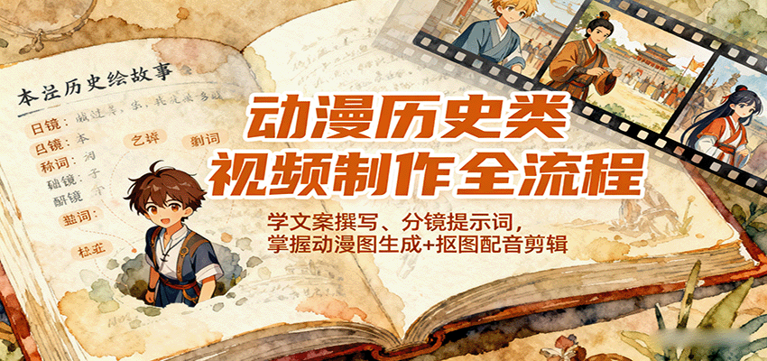 图片[1]-动漫历史类视频制作全流程，学文案撰写、分镜提示词，掌握动漫图生成+抠图配音剪辑_生财有道创业网-生财有道