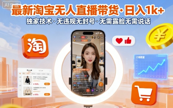 最新淘宝无人直播带货，日入1k+，独家技术，无违规无封号，无需露脸无需说话【揭秘】——生财有道创业项目网