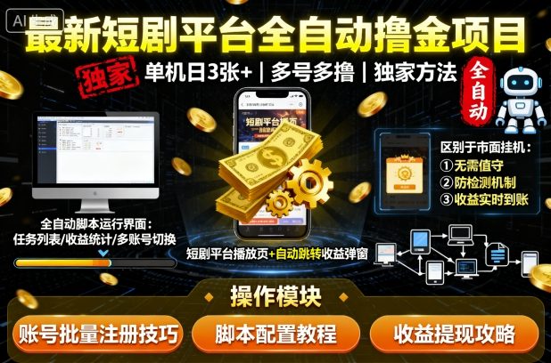 最新短剧平台全自动挂G撸金项目，单机一天3张+，多号多撸，区别于市面所有挂机项目，独家方法【揭秘】——生财有道创业项目网