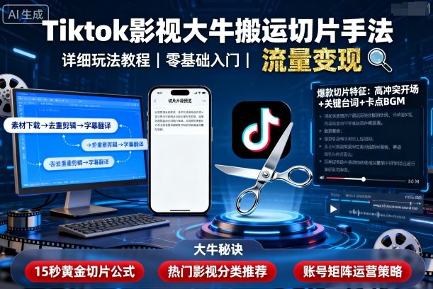 Tiktok影视大牛搬运切片手法，详细玩法教程——生财有道创业项目网