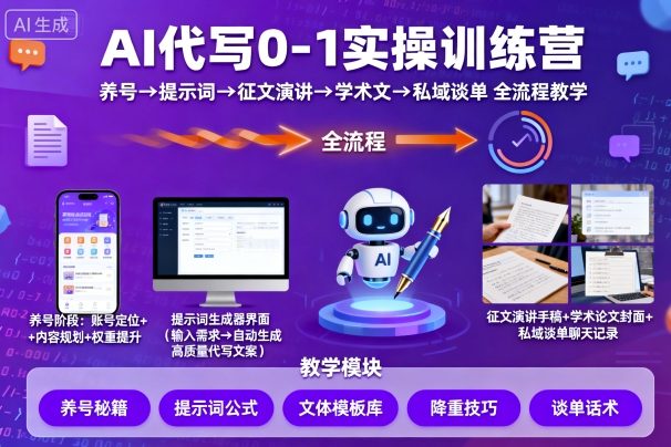 AI代写0-1实操训练营，从养号、提示词、征文演讲、学术文，到私域谈单的全流程教学——生财有道创业项目网