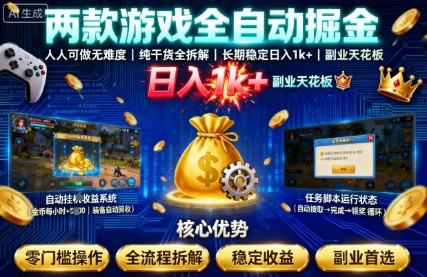 两款游戏全自动掘金，人人可做无难度，纯干货全拆解，长期稳定，日入1k+，副业天花板【揭秘】——生财有道创业项目网
