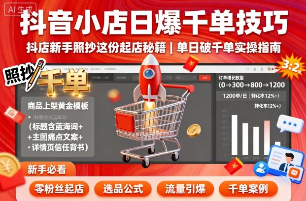 抖音小店日爆千单技巧，抖店新手照抄这份起店秘籍，单日破千单——生财有道创业项目网