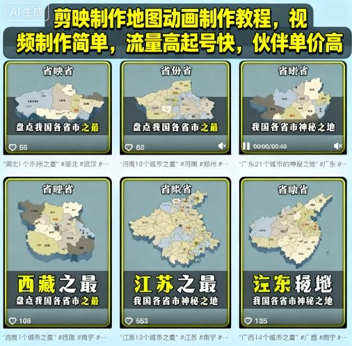 图片[1]-剪映制作地图动画制作教程，视频制作简单，流量高起号快，伙伴单价高——生财有道创业项目网-生财有道