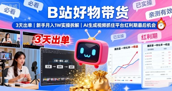 B站好物带货，3天出单，新手月入1W实操拆解，AI生成视频，抓住平台红利期最后机会——生财有道创业项目网