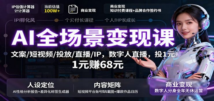 AI全场景变现课：文案/短视频/投放/直播/IP，数字人直播，投1元赚68元_生财有道创业网