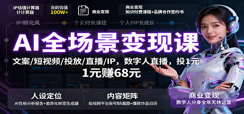 图片[1]-AI全场景变现课：文案/短视频/投放/直播/IP，数字人直播，投1元赚68元_生财有道创业网-生财有道